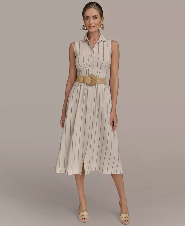 

Женское платье-рубашка в полоску с поясом Donna Karan New York, коричневый/бежевый