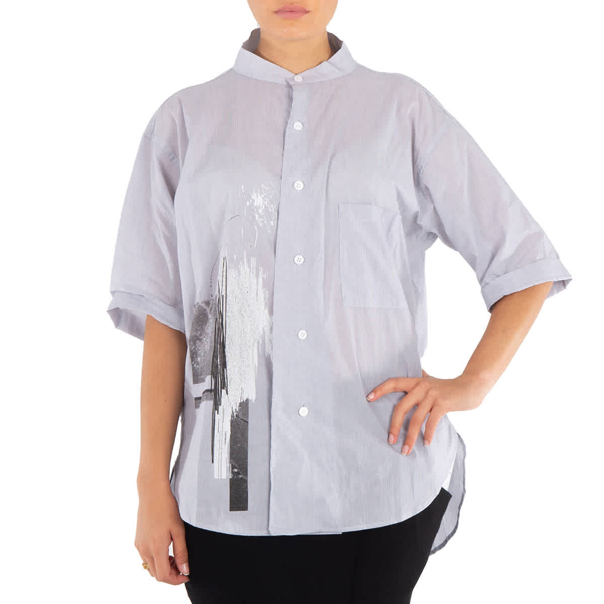 

Y'S Женская хлопковая рубашка с абстрактным принтом и отложным воротником U-образной формы, темно-синий