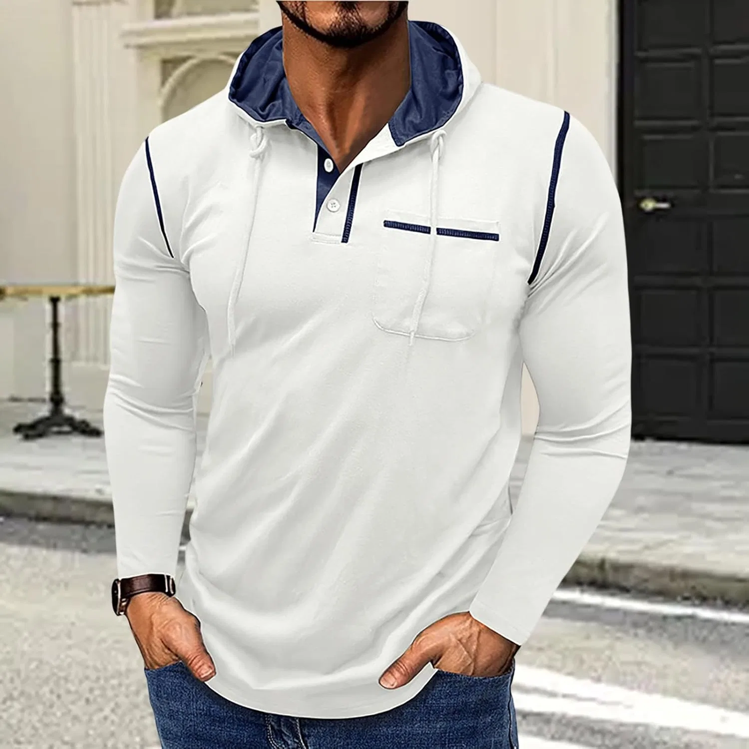 Худи с длинным рукавом для мужчин, Color Block Athletic, спортивная повседневная футболка-пуловер, модная одежда - для хайкинга Generic, белый — фото 3