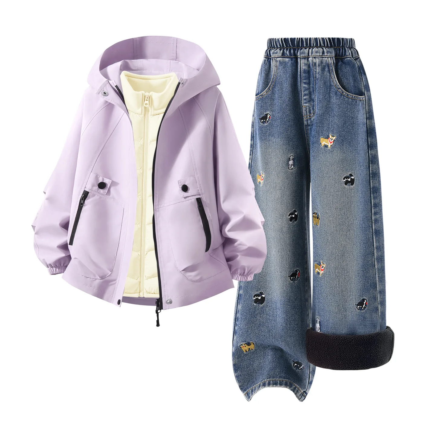Детский спортивный костюм с круглым вырезом Disney, [Thickened Thermal Three-Piece Set]Solid Color Purple+Solid Color Denim Blue+Di H Square Hook-and-Loop K Ecru
