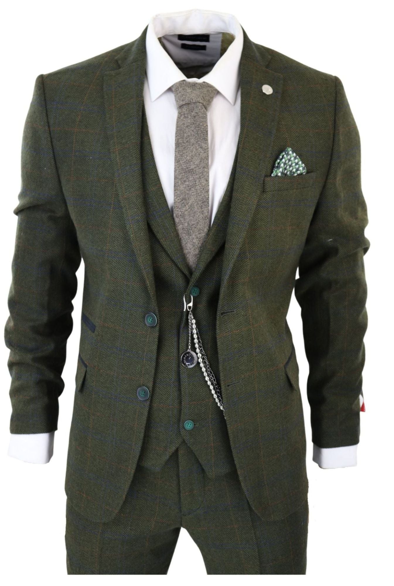 

Костюм-тройка из шерстяного твида с узором «ёлочка» TruClothing, оливковый