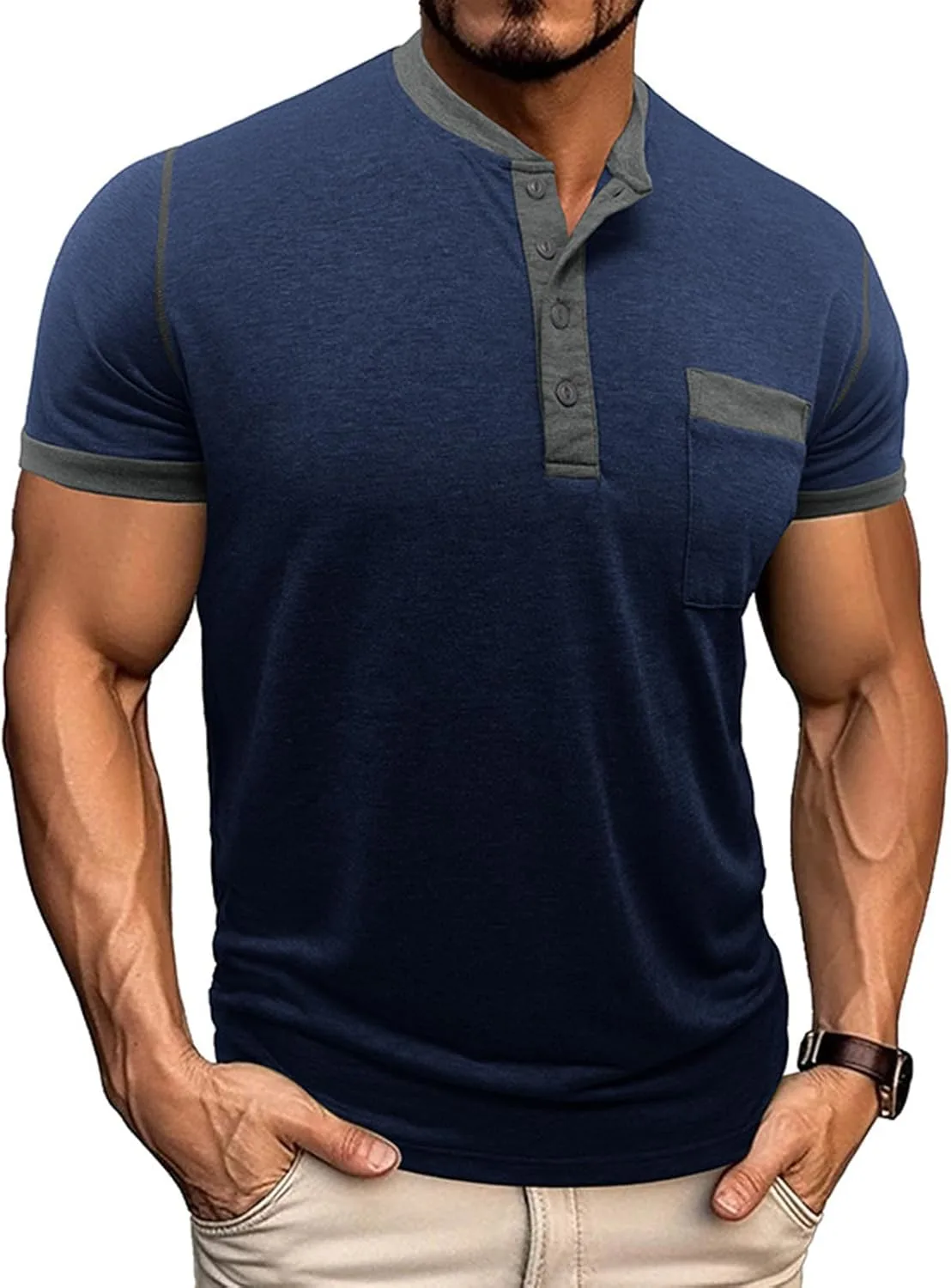 

Мужская летняя футболка Henley с коротким рукавом Casual Gradient Loose Fit