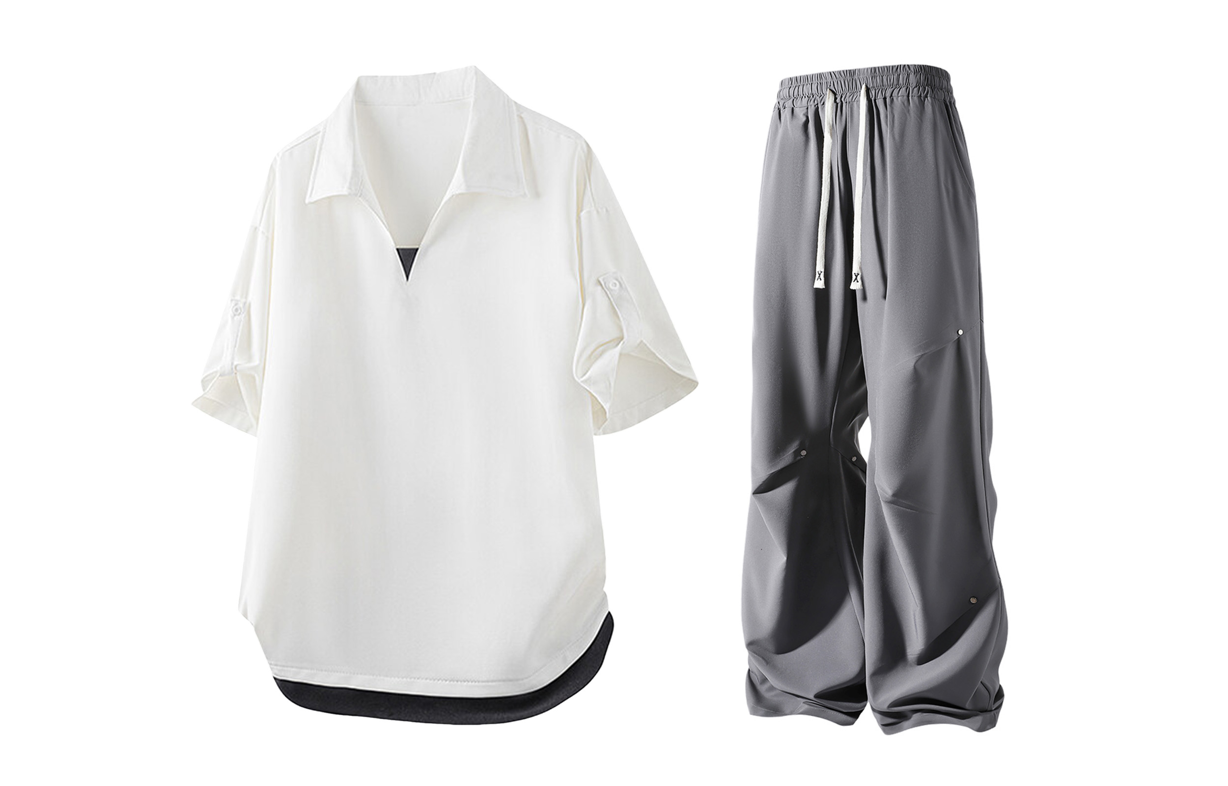 

Повседневная спортивная одежда Unisex V-образный вырез Moderate X1617, белый short-sleeved shirt+темно-серый stud ice silk pants