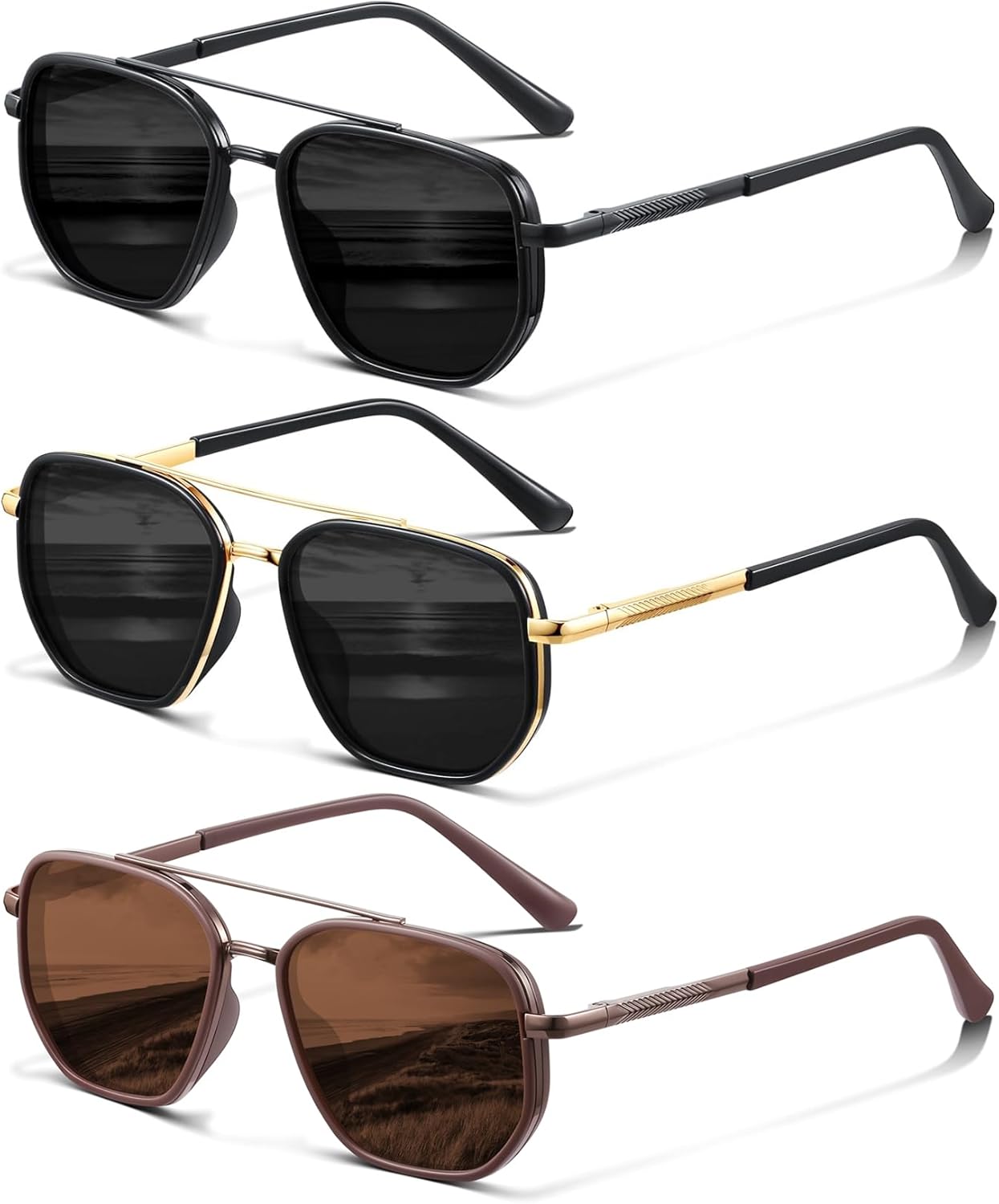 

Солнцезащитные очки-авиаторы для женщин, поляризованные, не спутываются, подходят для вождения и путешествий, защита от УФ-излучения UV400 FURISHQI, 3pcs-tr6002black+brown+gold