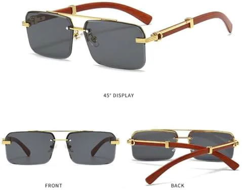 

Мужские солнцезащитные очки без оправы 2026 года, винтажные прямоугольные линзы, дужки с имитацией древесной текстуры, женские солнцезащитные очки MTZJH, Grey Pink