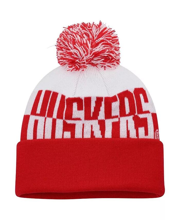 

Мужская алая и белая вязаная шапка Nebraska Huskers с манжетами и помпоном Adidas
