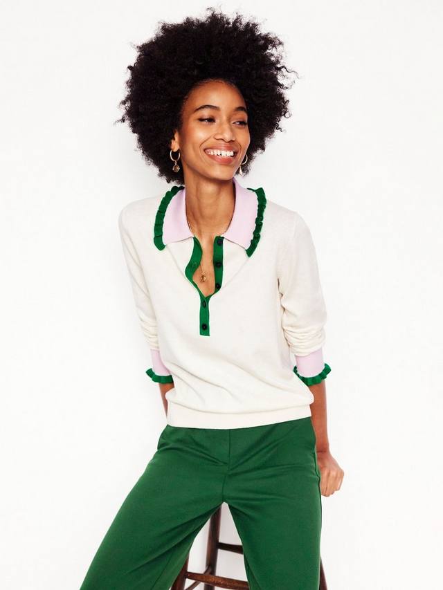 

Контрастный джемпер с оборками Boden, цвет Ivory/Pink