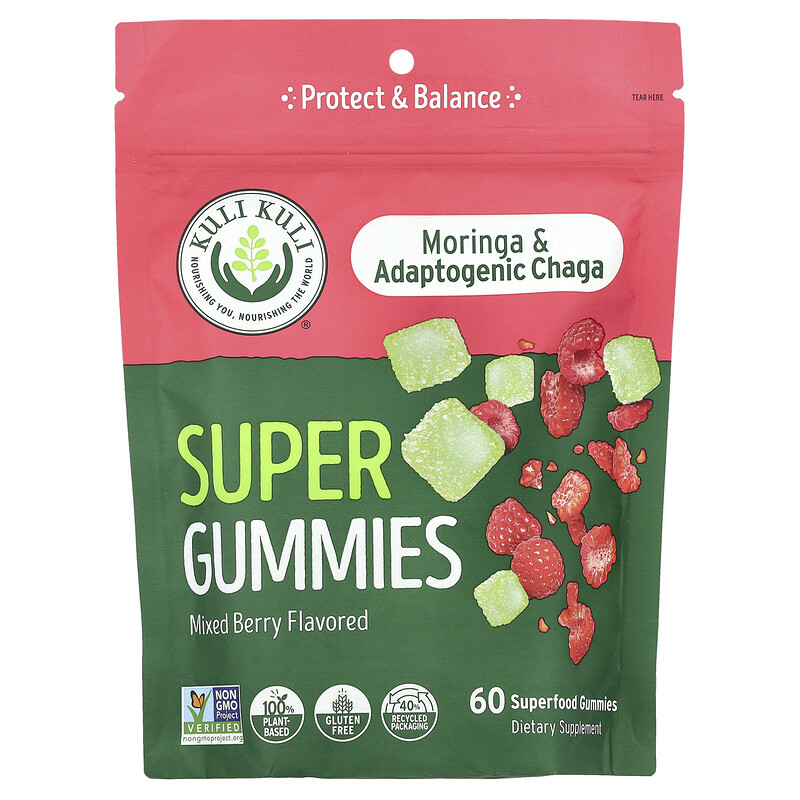 

Kuli Kuli, Super Gummies, моринга и адаптогенная чага, ягодное ассорти, 60 жевательных мармеладок
