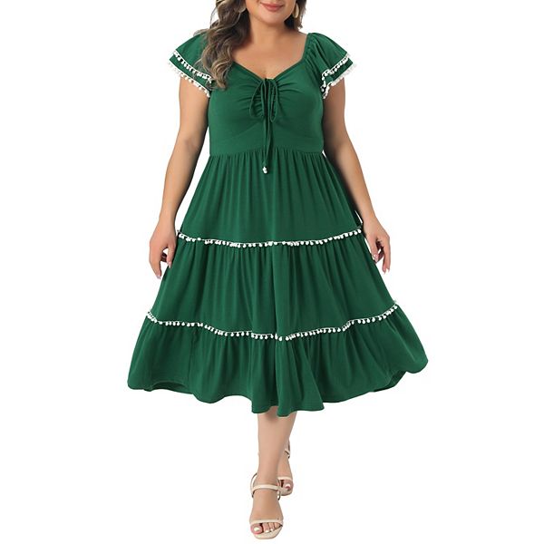 

Женское летнее платье-сарафан плюс сайз с коротким рукавом, рюшами, декольте sweetheart и ярусным кроем миди Agnes Orinda