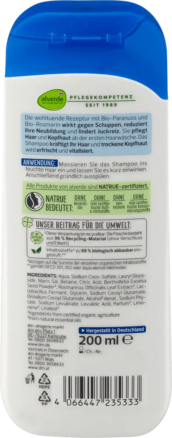 Шампунь alverde NATURKOSMETIK Shampoo Anti-Schuppen Paranuss, Rosmarin, 200 ml — фото 2