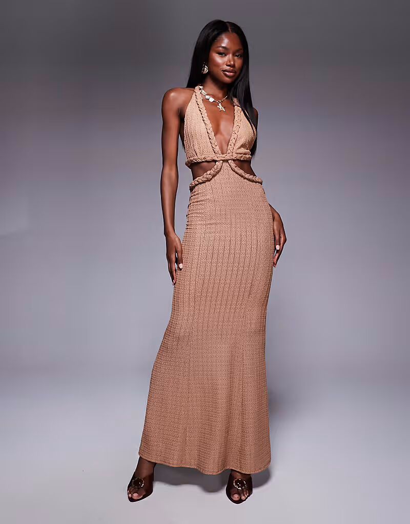 

Платье миди с фактурным рубчиком, оранжевым плетением и завязками на шее, цвета верблюжьей шерсти Asos Design