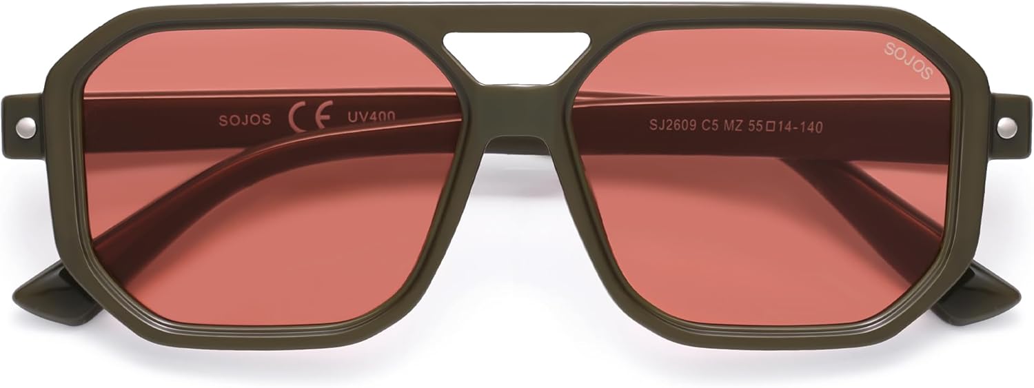 

Солнцезащитные очки-авиаторы SOJOS Retro Polarized Square Aviator для женщин и мужчин, винтажный стиль 70-х, защита от УФ-излучения UV400, модель SJ2609, Dark Green Red Lens