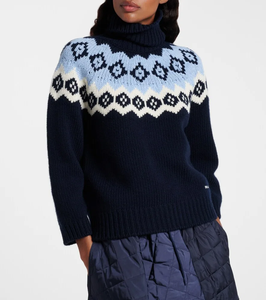 Свитер из шерсти и кашемира в стиле Fair Isle Prada, синий — фото 3
