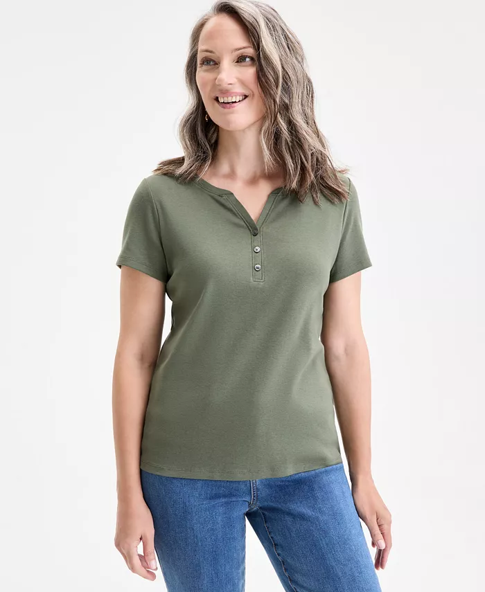 

Женская короткая хлопковая футболка Henley, размеры PXS - 4X Style & Co, оливковый