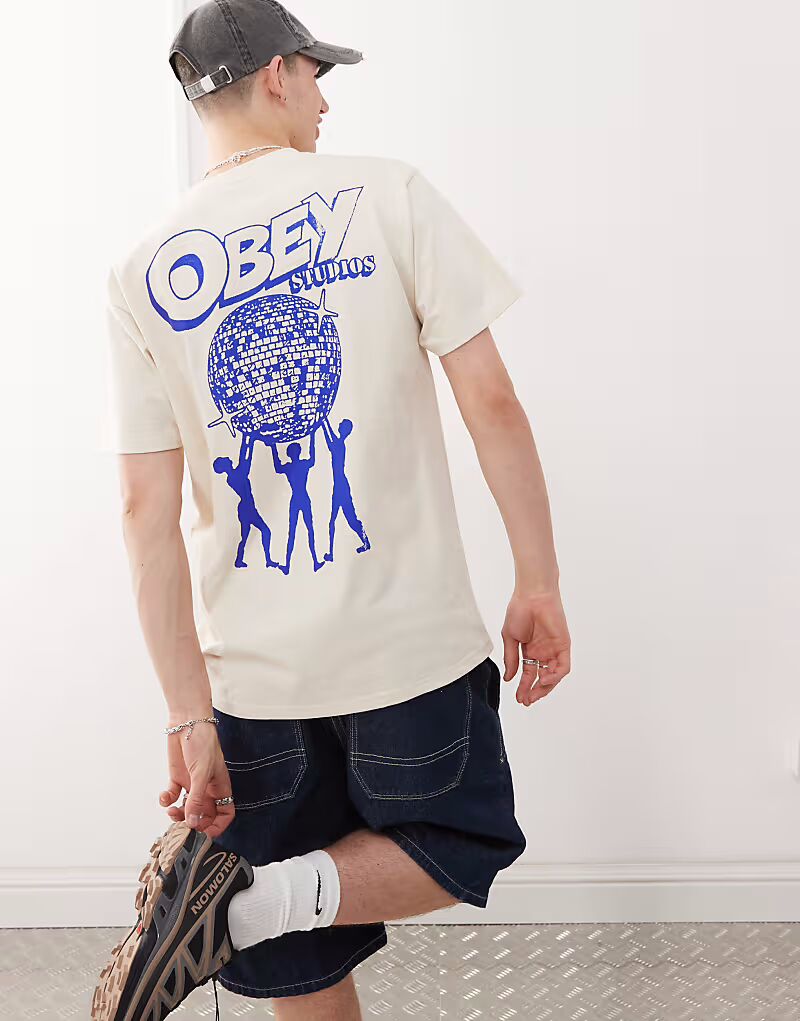 

Футболка с графическим логотипом Obey Uplift и принтом на спине кремового цвета