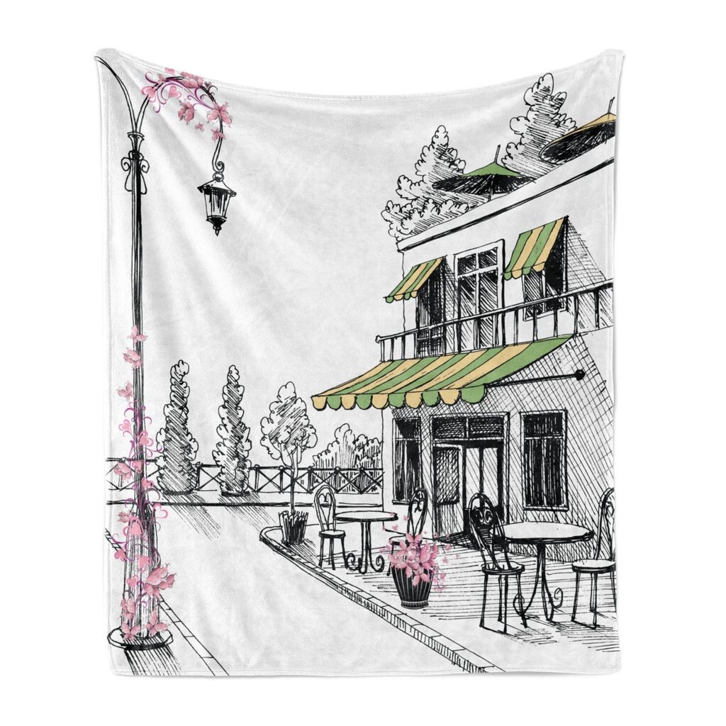 

ABAKUHAUS Sketching Мягкое фланелевое флисовое одеяло, Эскиз парижской террасы со столиками и фонарем, 175 x 230 см, Угольно-серый белый