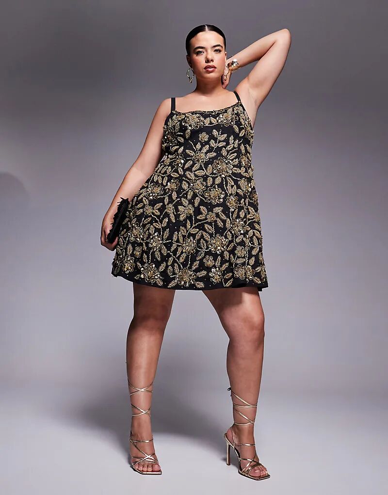 

Мини-платье Curve с цветочным узором и юбкой-клеткой черного цвета ASOS LUXE