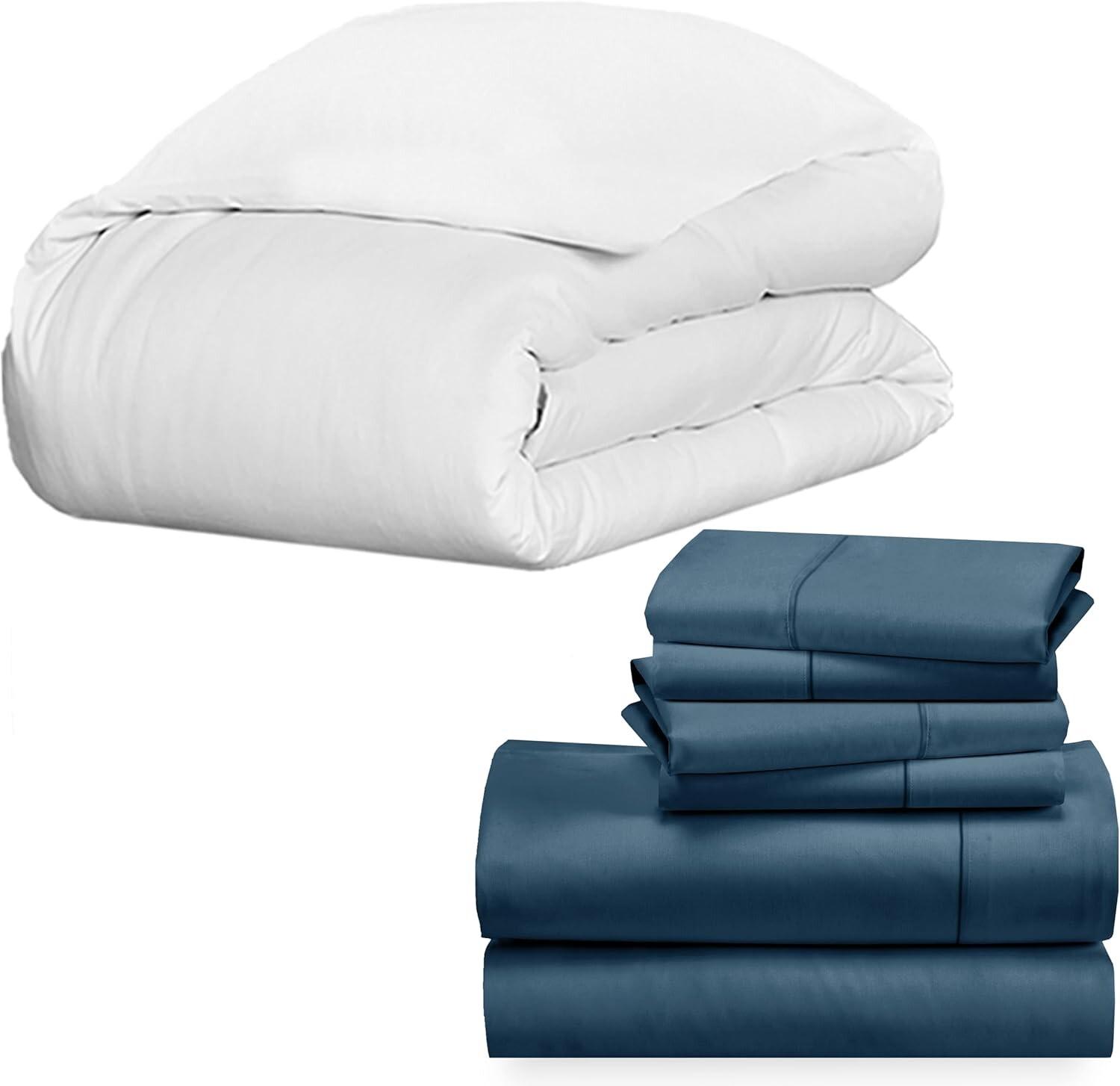 

Комплект постельного белья California Design Den из 7 предметов — комплект простыней цвета павлиньего синего цвета из 6 предметов, плотность нитей 400, 100 % хлопковый сатин с 1 белым пододеяльником — королева