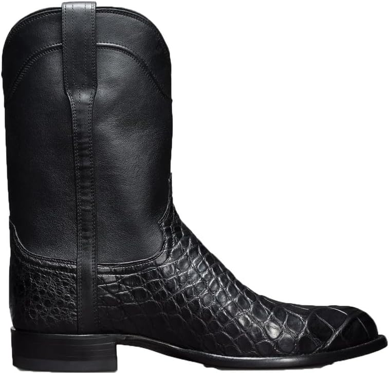 

Мужские ковбойские сапоги XBTEVUDAK в западном стиле с квадратным носком, противоскользящей боковой лямкой, заклепками, для широкой голени, мотоциклетные кожаные сапоги, черный