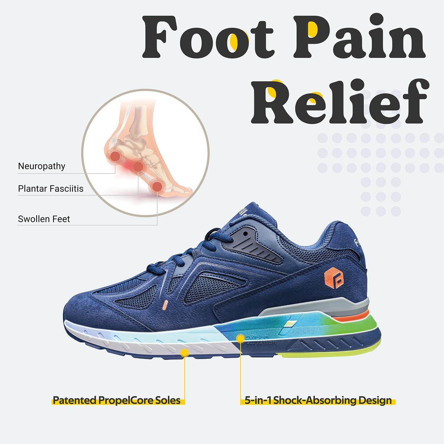 Мужские кроссовки FitVille Extra Wide для ходьбы, широкие кроссовки для плоскостопия, для облегчения боли в пятках - Rebound Core, синий — фото 3
