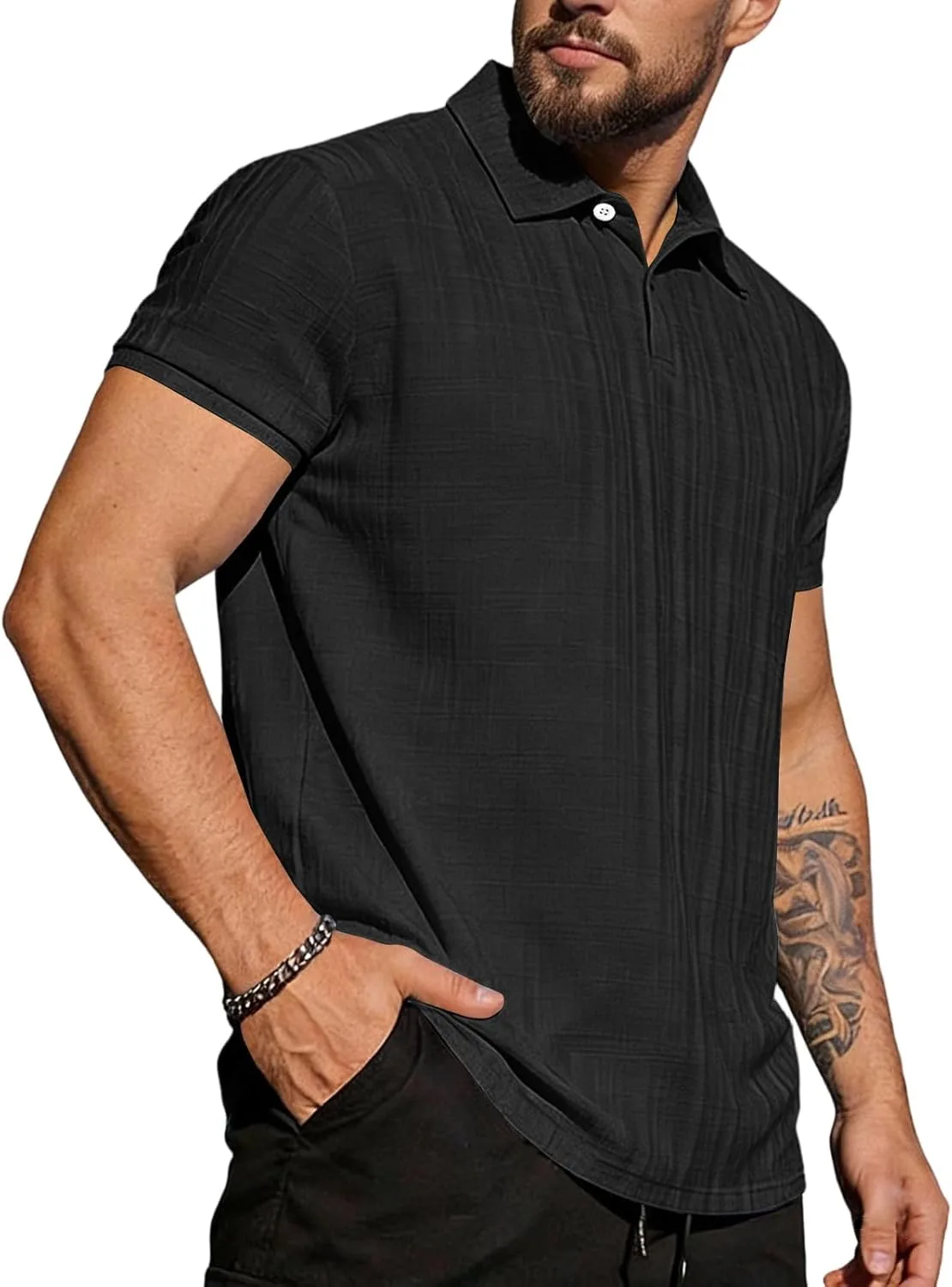 Мужская льняная рубашка с коротким рукавом Button Down Casual Fitted Polo