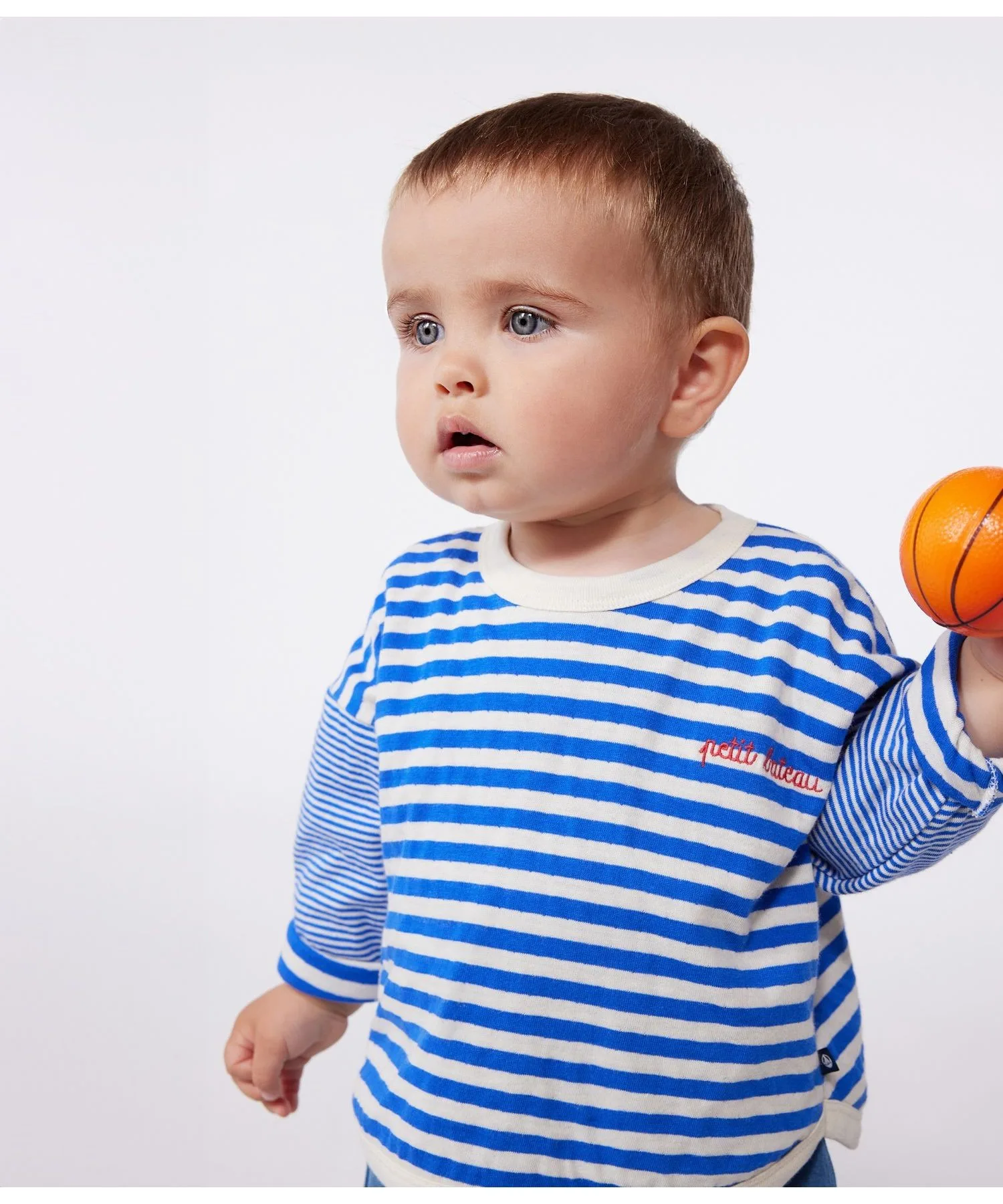 Детская футболка с длинным рукавом полоска PETIT BATEAU бело-синяя
