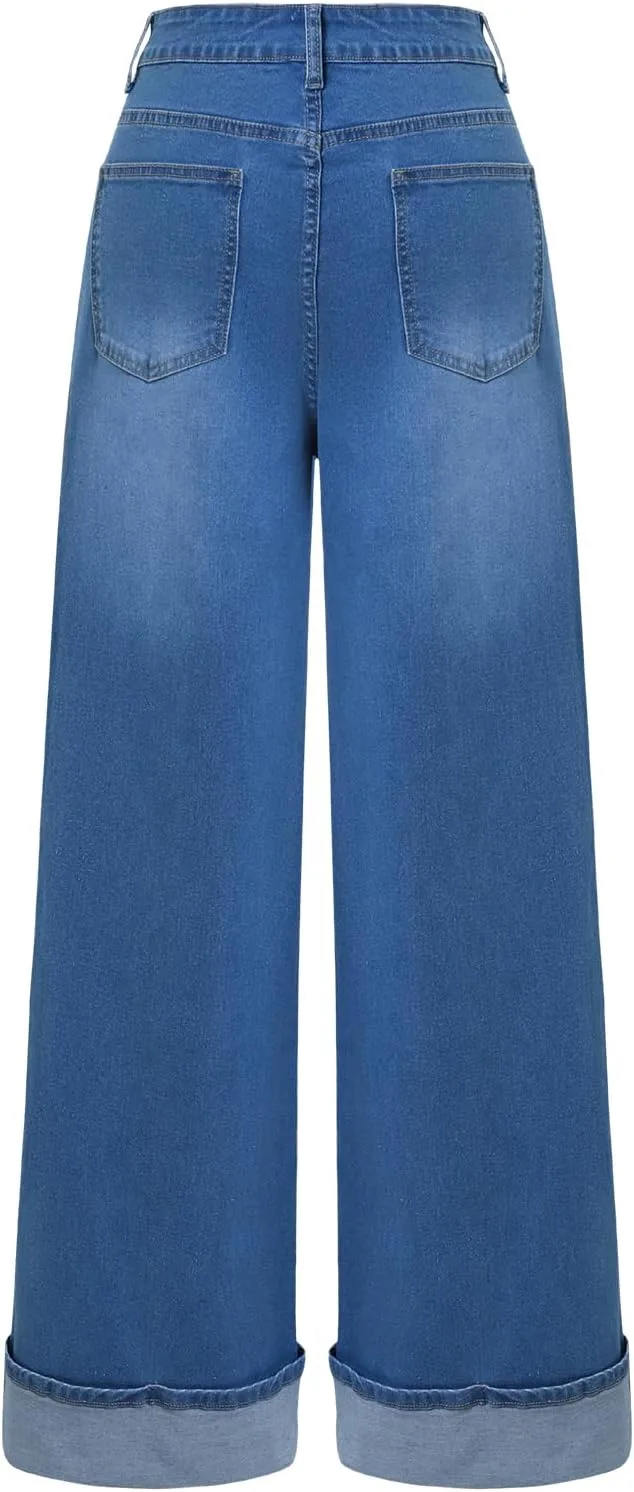 Женские джинсы с высокой талией и широкими штанинами Stretch Denim с подвернутым подолом — фото 2