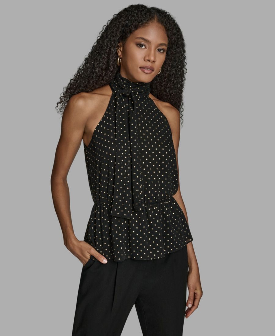 

Женская блузка с воротником-халтером и принтом в горошек BCBG, Black