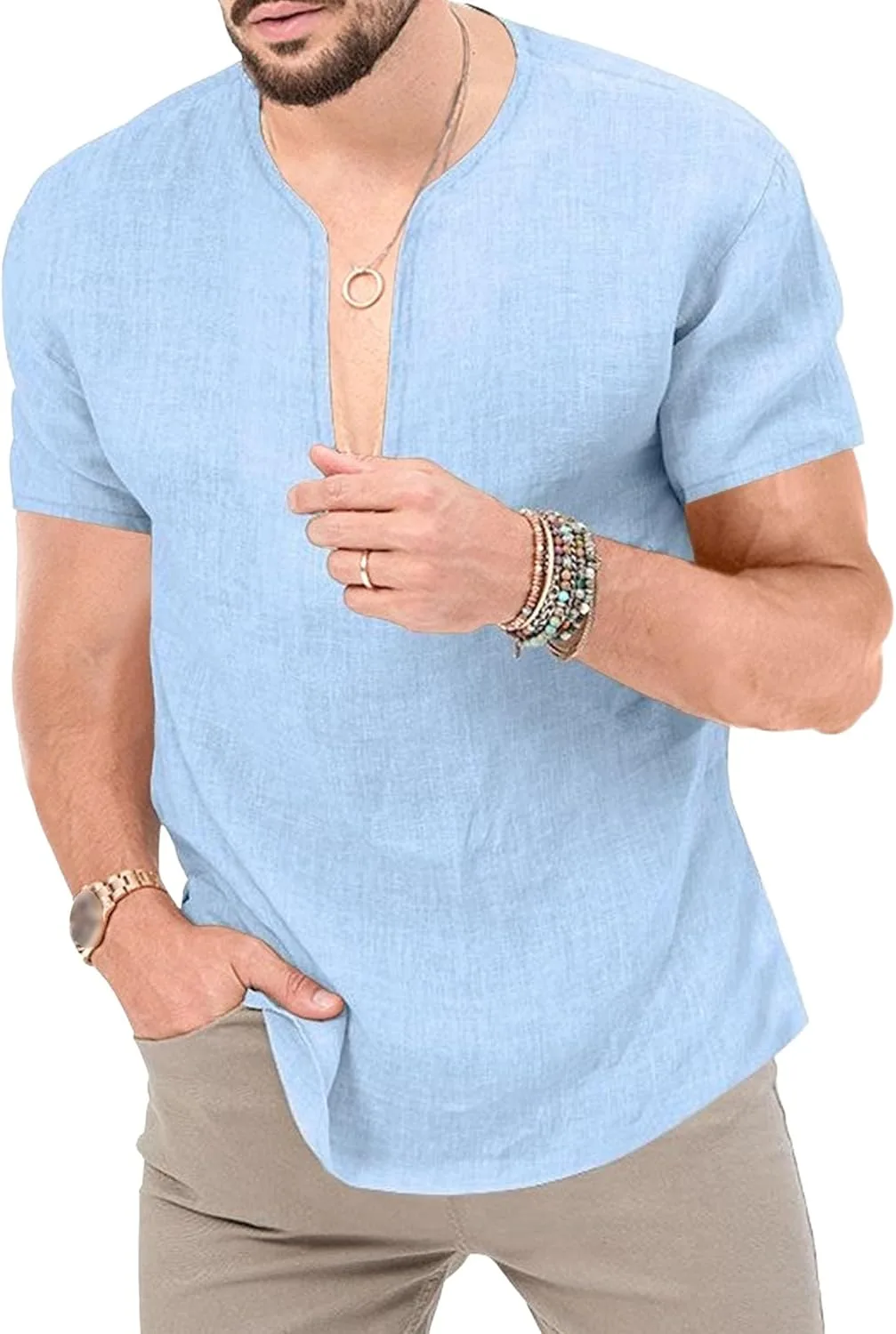 

Мужская футболка V-образного выреза Slim Fit из льна Maiyifu-GJ