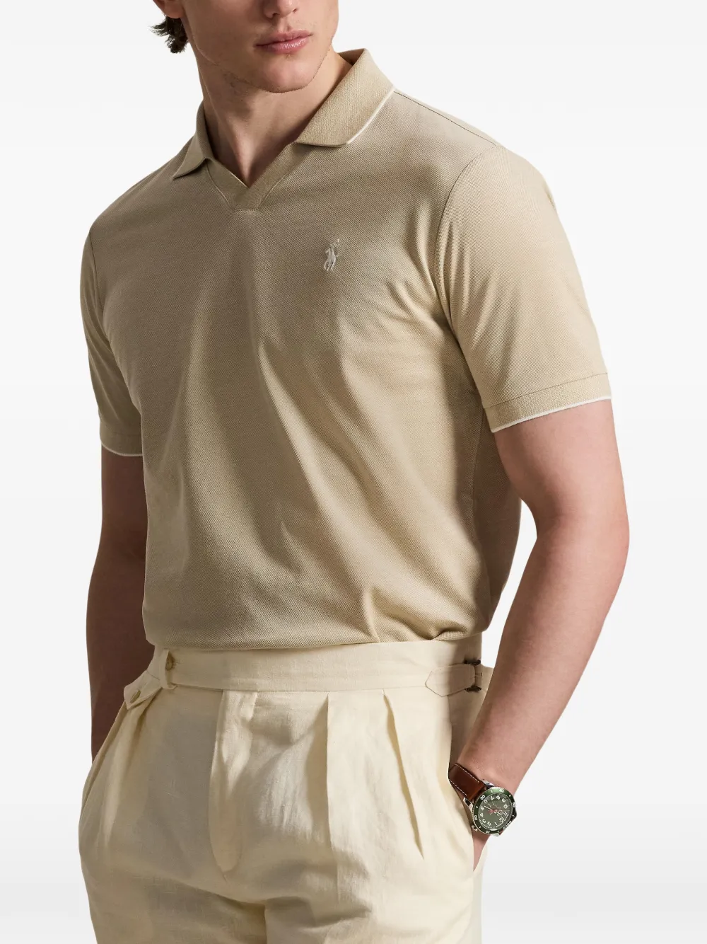 Поло из жаккардовой сетки Polo Ralph Lauren, бежевый — фото 3