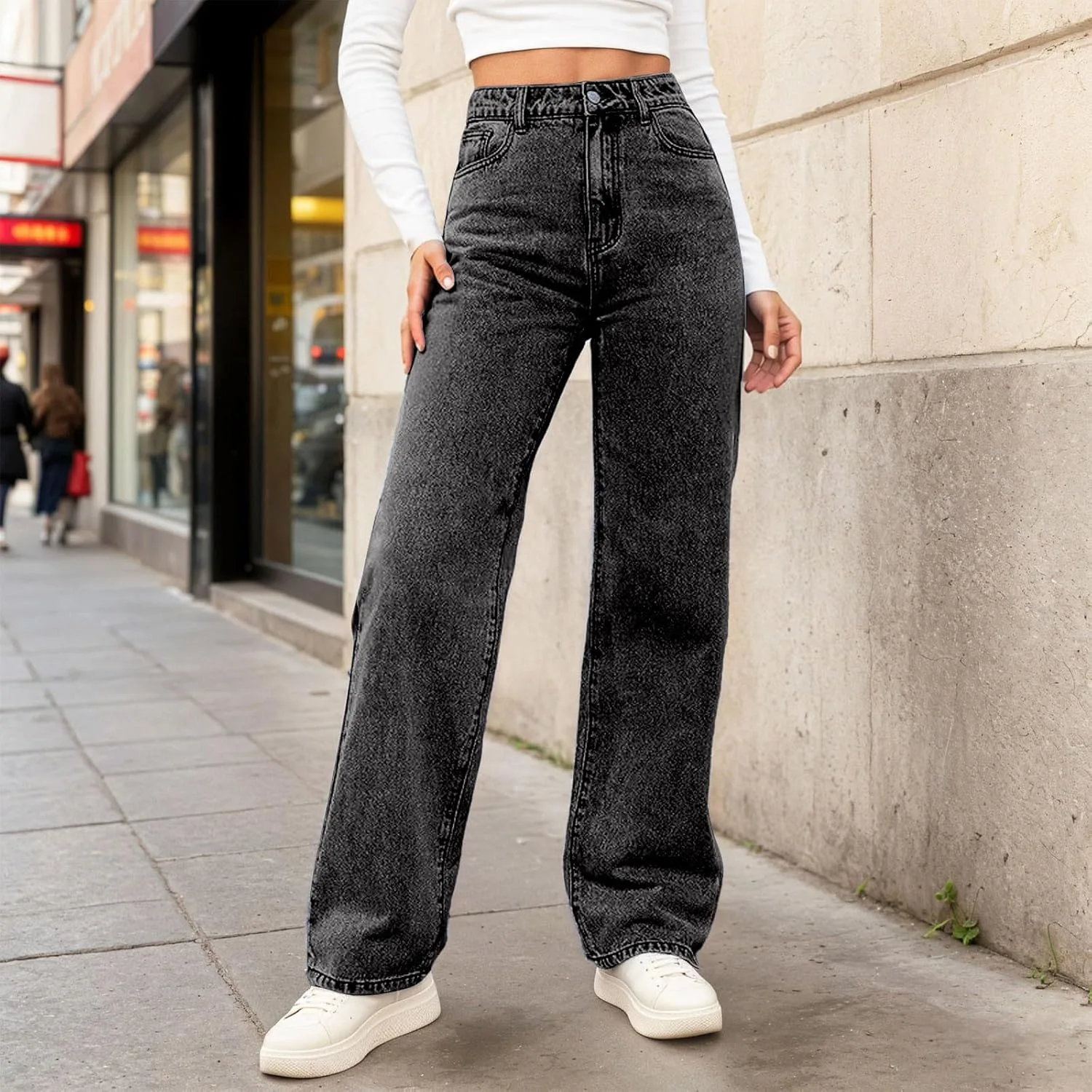 Джинсы для женщин High Waisted Baggy Straight Leg, утепленные флисом, зимние — фото 3