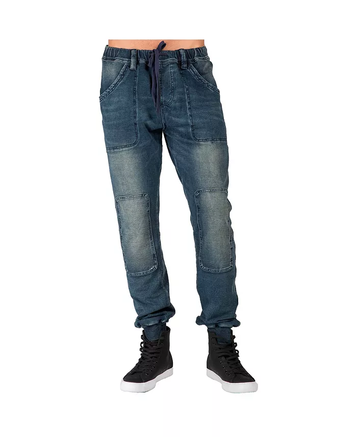 

Мужские джинсы-джоггеры Premium Knit Denim цвета индиго с эффектом потертости на коленях Level 7, синий