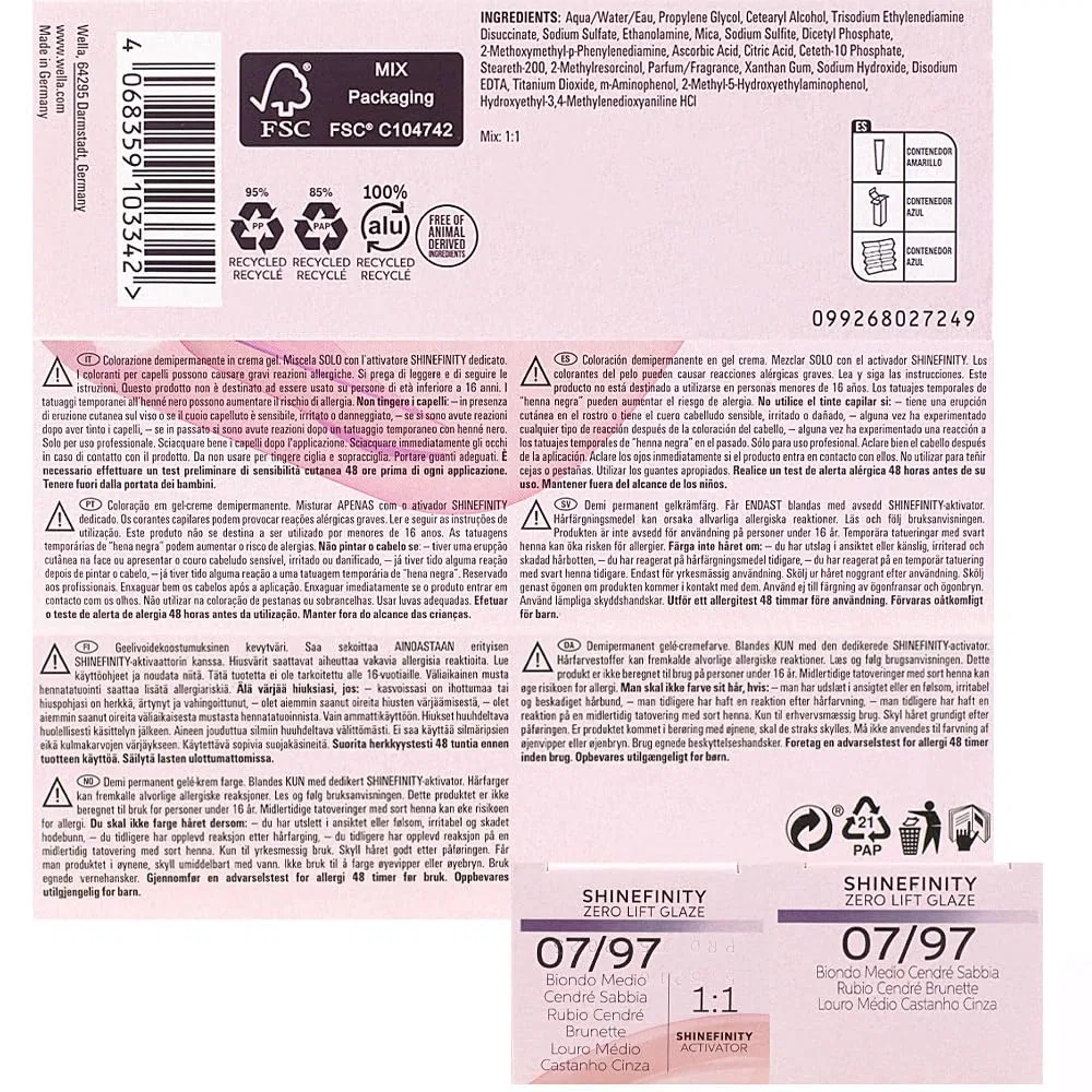 Демиперманентная краска для волос Wella Shinefinity 07/97 Medium Blonde Cendré Sand 60 мл Wella Professionals — фото 2