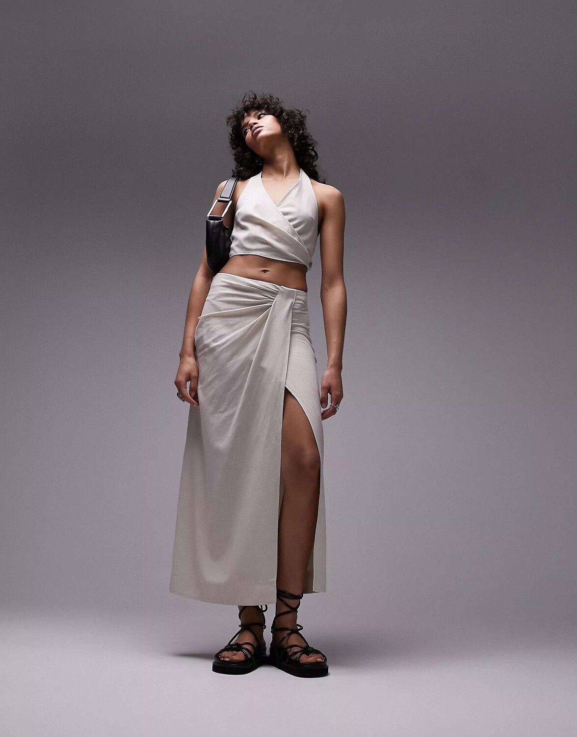 

Песочная льняная макси-юбка Topshop с защипами на талии