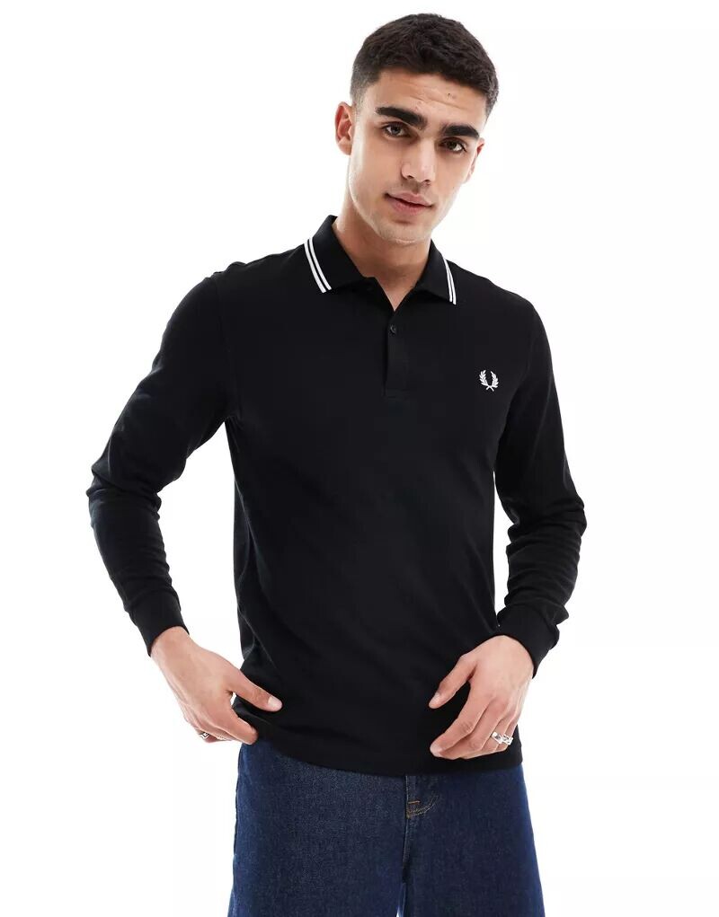 

Черная рубашка-поло с длинными рукавами и двойной отделкой Fred Perry