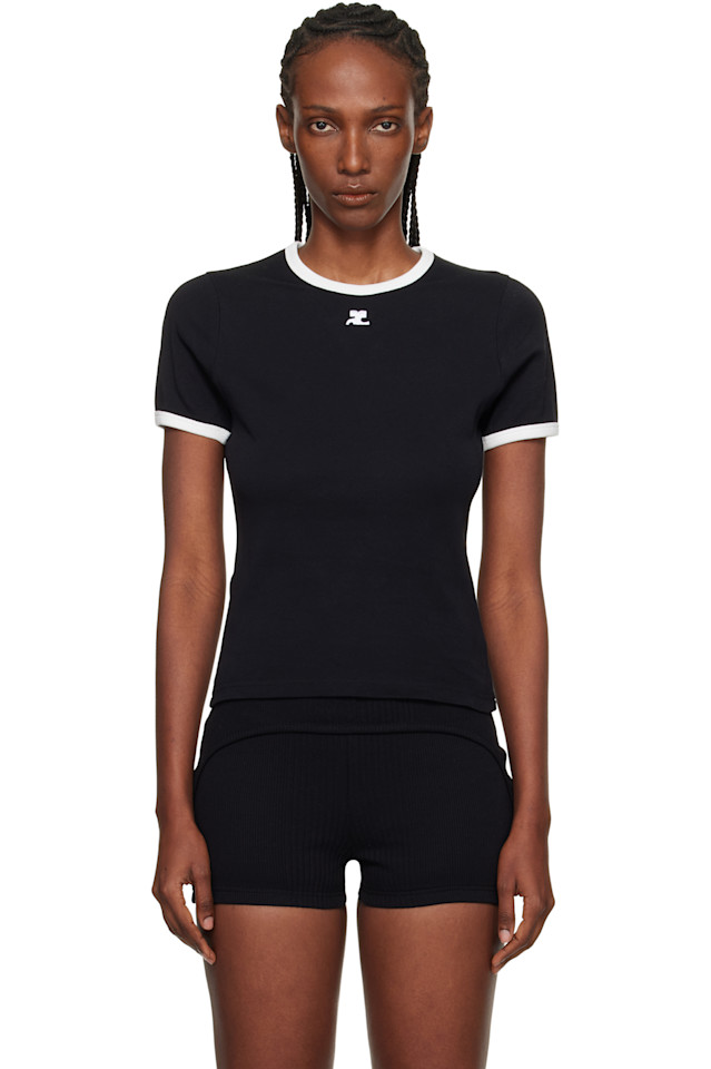 

Courrèges Черная контрастная футболка с фирменным знаком, Черный, Courrèges Черная контрастная футболка с фирменным знаком