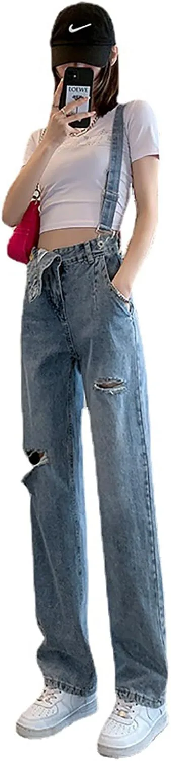 

Готические женские длинные брюки, свободные лямки, потертый деним INFENU