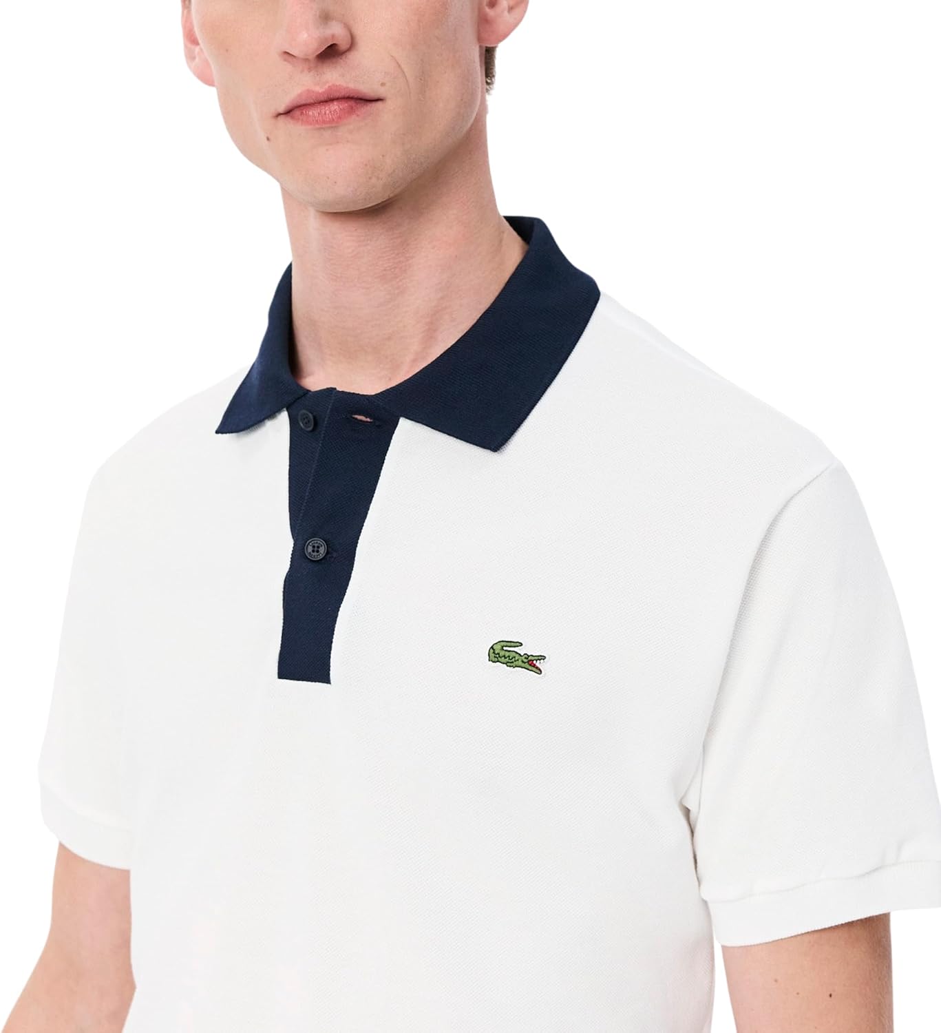 Футболка-поло Lacoste мужская, короткий рукав, классический крой, контрастный воротник, White/Navy Blue — фото 2