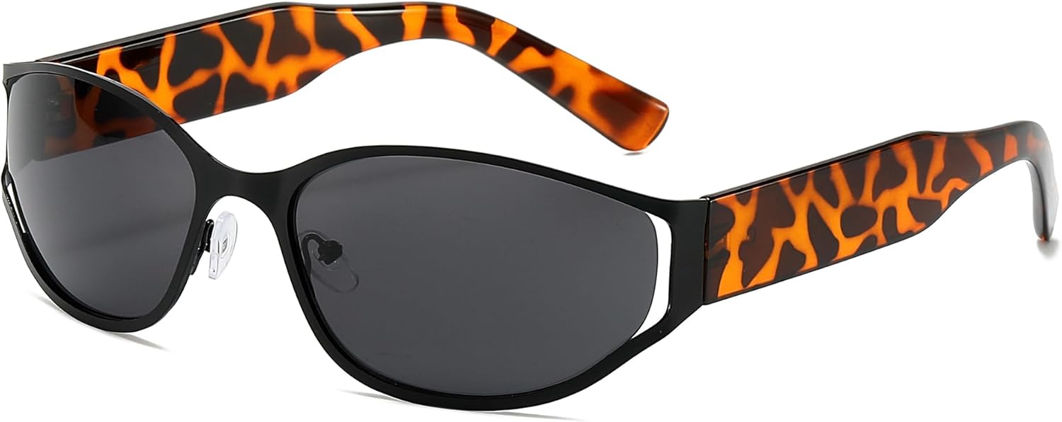 

Модные солнцезащитные очки 2000-х годов для мужчин и женщин, стильные солнцезащитные очки в стиле Y2K, обтекаемые, с футуристическими овальными линзами Azoxus, Black Lens Leopard Temples