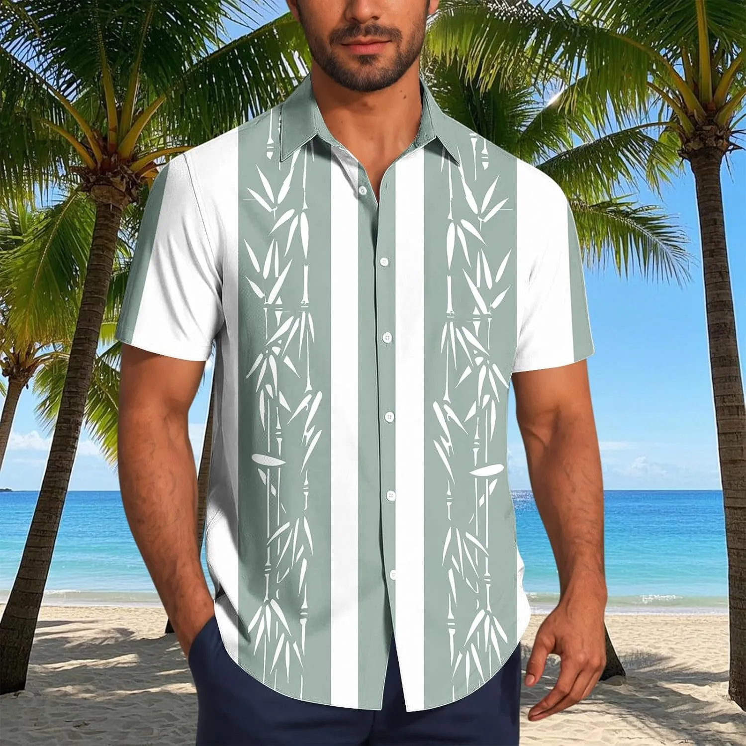 Мужская короткая рубашка с коротким рукавом Cuban Guayabera, пляжная рубашка на пуговицах, повседневная летняя футболка в винтажном мексиканском стиле Generic, зеленый — фото 2