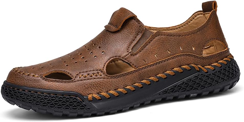 

Мужские повседневные кожаные сандалии с вырезами, дышащие, удобные, с закрытым носком, для рыбалки, летние пляжные прогулочные и водные shoes Asifn, коричневый