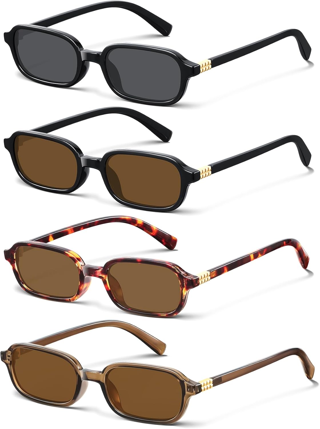 

KUGUAOK 4PACK Ретро прямоугольные солнцезащитные очки для женщин, модные маленькие, в стиле 90-х, Y2K, квадратные солнцезащитные очки с защитой от УФ-излучения, дорожные очки, 4pcs-black+leopard+black Tea+brown