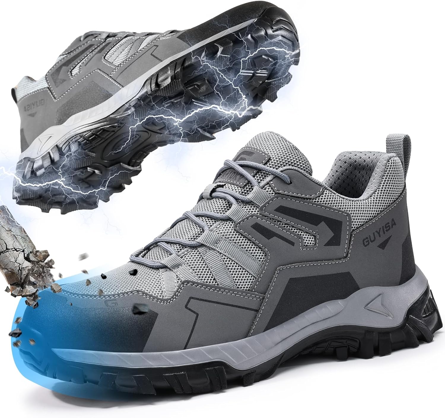 

Мужские защитные ботинки с металлическим носком, рабочая обувь для промышленности и строительства, средние по голенище промышленные ботинки, кроссовки, удобная и легкая безопасная обувь для работы Guyisash, серый