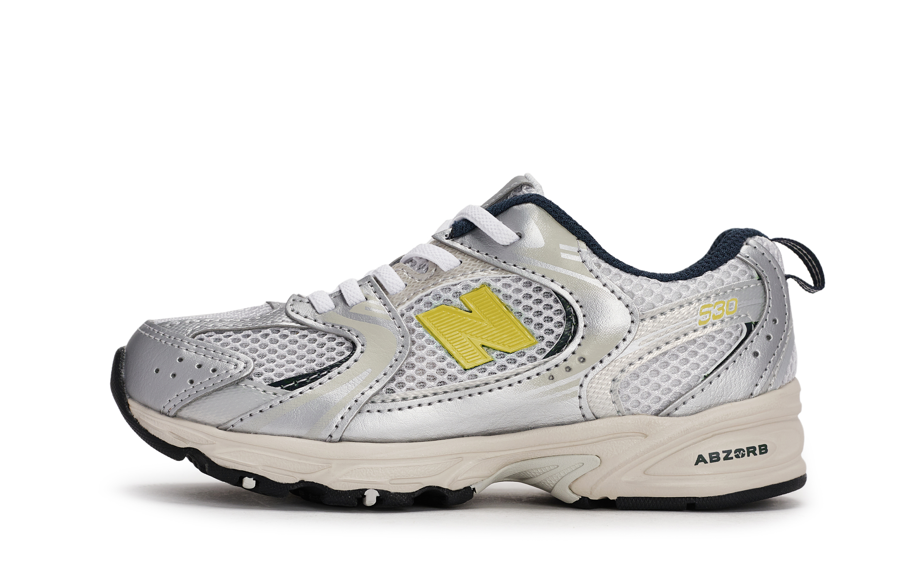 

NB 530 Противоскользящие износостойкие низкие детские кроссовки для повседневной носки New Balance, серый/желтый/серебряный