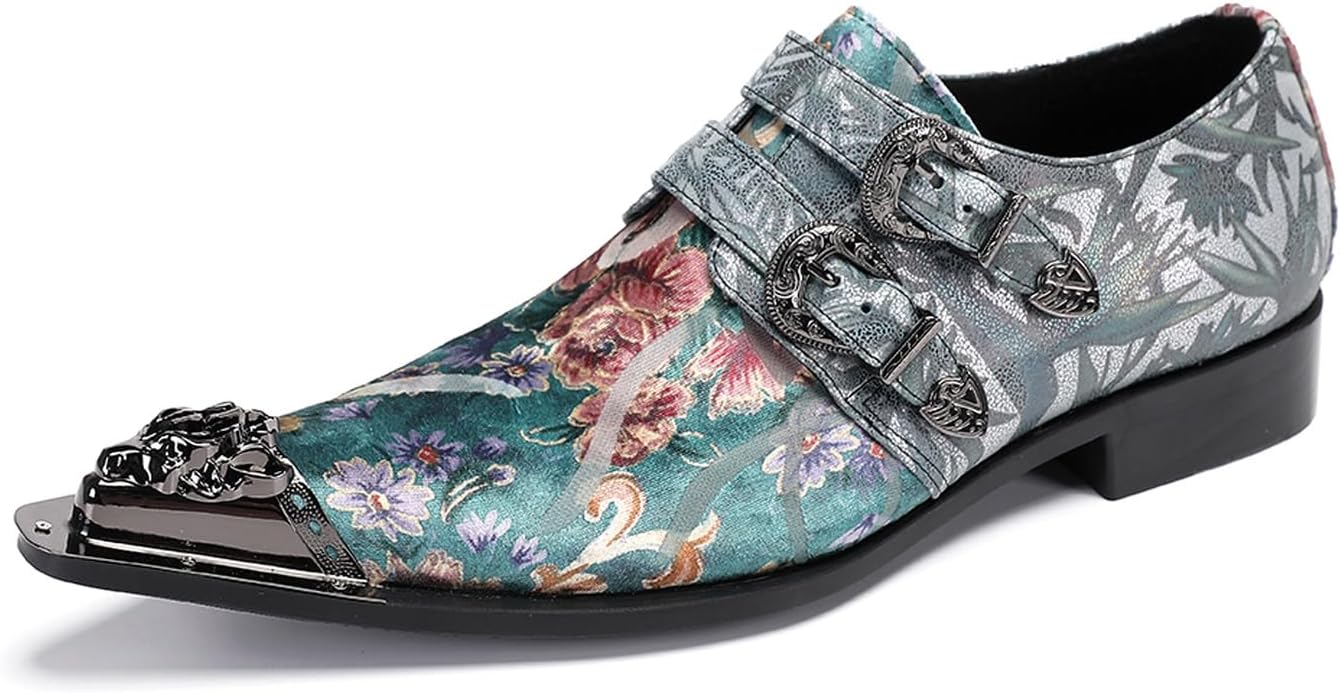 

Мужские лоферы Santimon с металлическим наконечником и заостренным носком - стильная мужская обувь без шнурков для свадьбы, вечеринок, выпускного вечера - кожаные повседневные туфли с двойной пряжкой и цветочным узором, Cyan