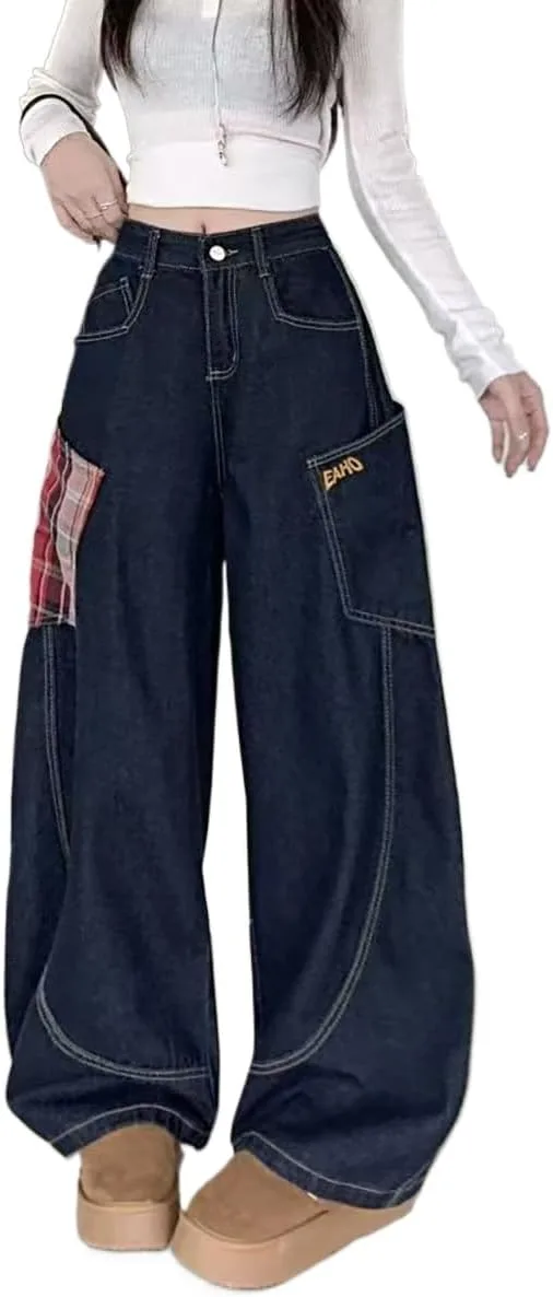 

Женские американские джинсы street retro в клетку с пэчворком, свободные готические хип-хоп клеш INFENU