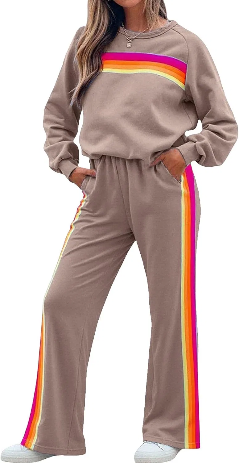 Женский спортивный костюм Rainbow Striped, свитшот с широкими брюками, Khaki