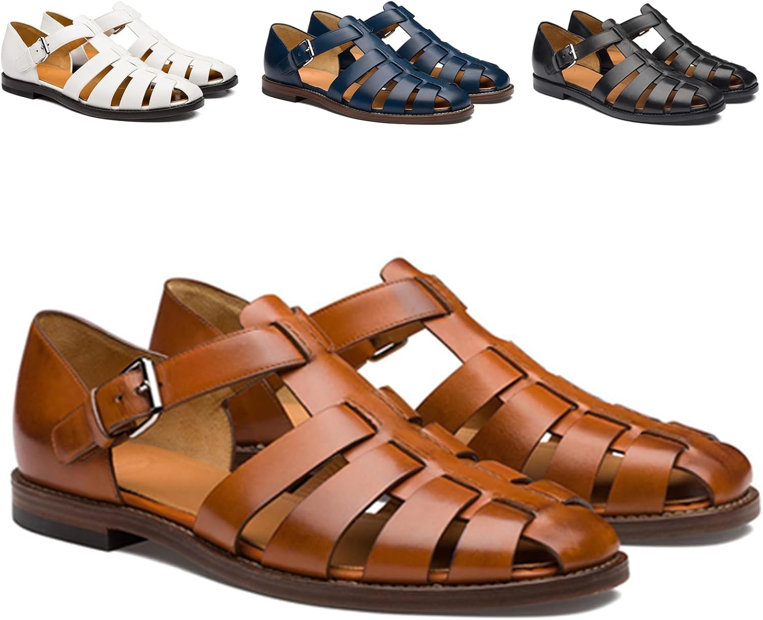 

Мужские кожаные римские сандалии-фишеры с застежкой-пряжкой, закрытый носок, летние пляжные, противоскользящие, удобные повседневные сандалии для ходьбы Crepuscute, коричневый