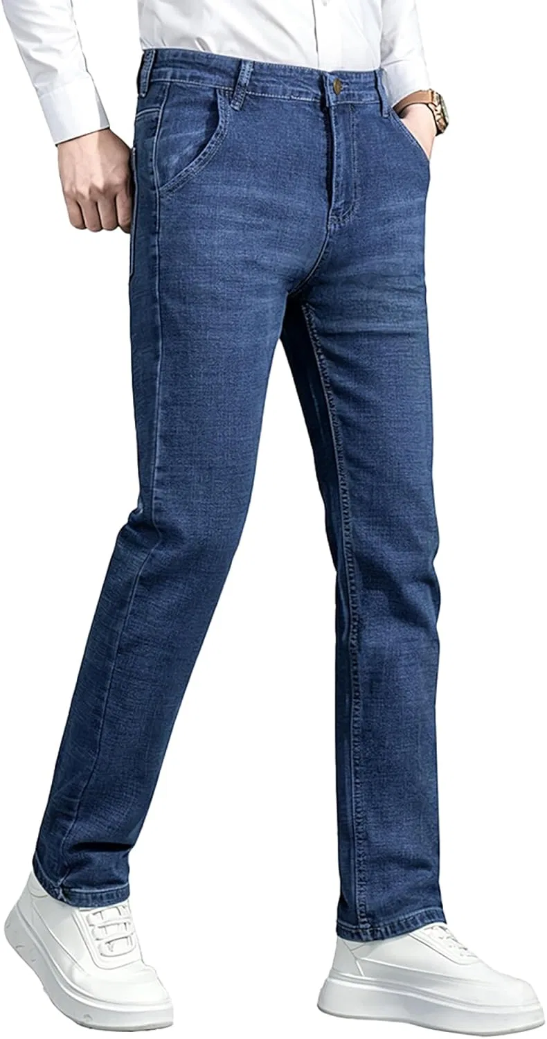 Джинсы прямые классические Men's Regular Fit Stretch Jeans Straight Slim Classic Casual Denim Pants, синие — фото 2