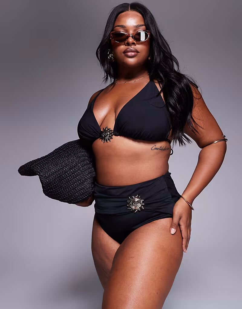 

Плавки-бикини Curve Celina с высокой талией и завитковой отделкой черного цвета Asos Curve